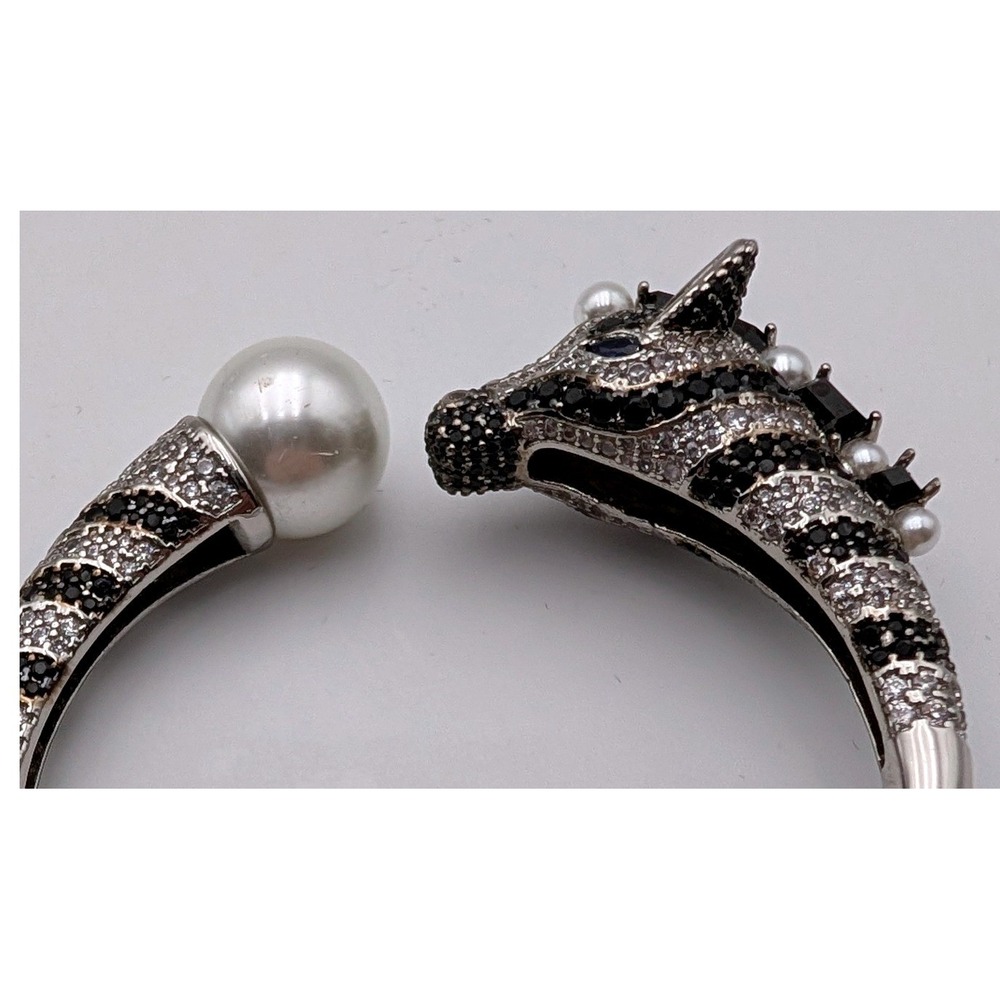 Kate Spade Zebra Hinged Cuff Bracelet Silver Tone Pave Crystal Faux Pearl Bypass - Picture 6 of 7